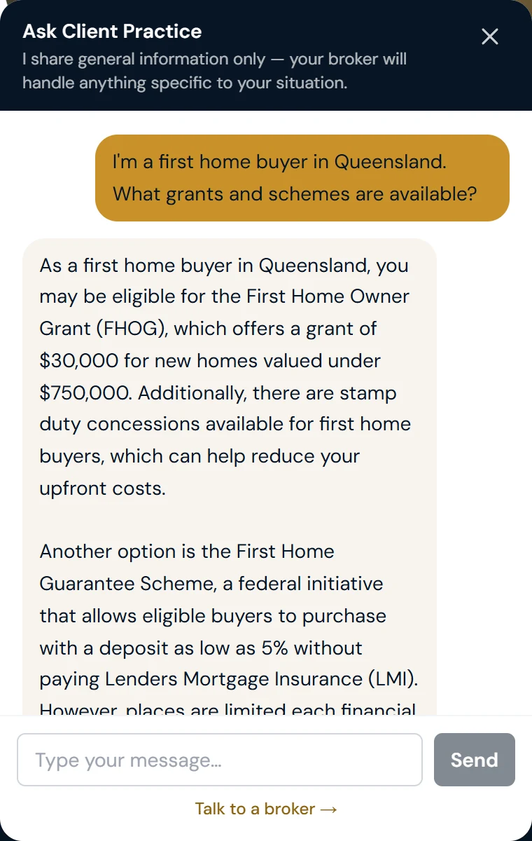 Screenshot of the public AI assistant panel: it states that it shares general information only and the broker handles anything specific, then answers a first home buyer question about Queensland grants and schemes and offers to connect the visitor with a broker