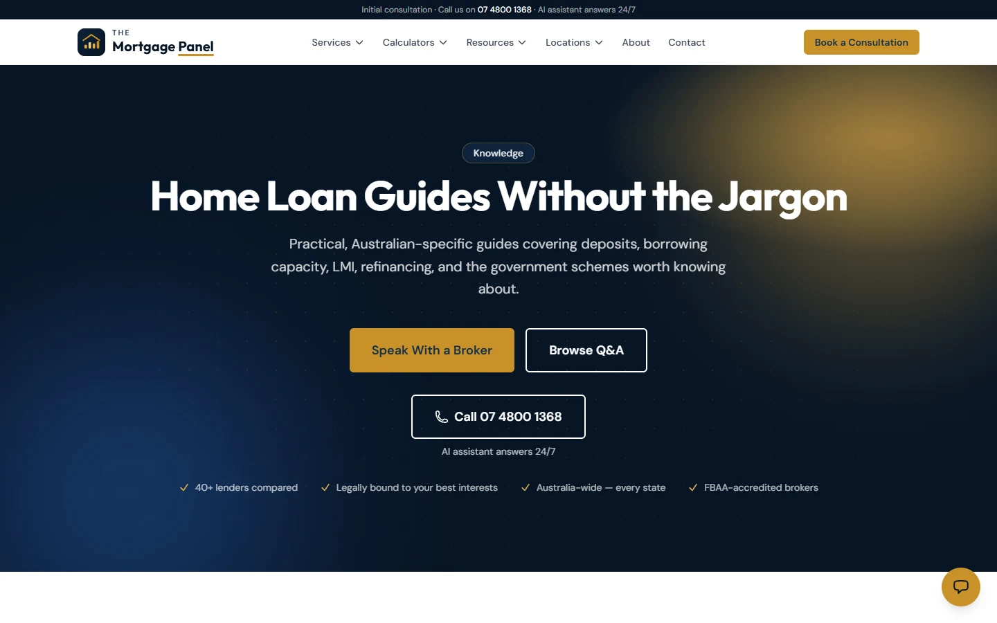 Screenshot of The Mortgage Panel guides index: home loan guides without the jargon, with broker and Q&A buttons