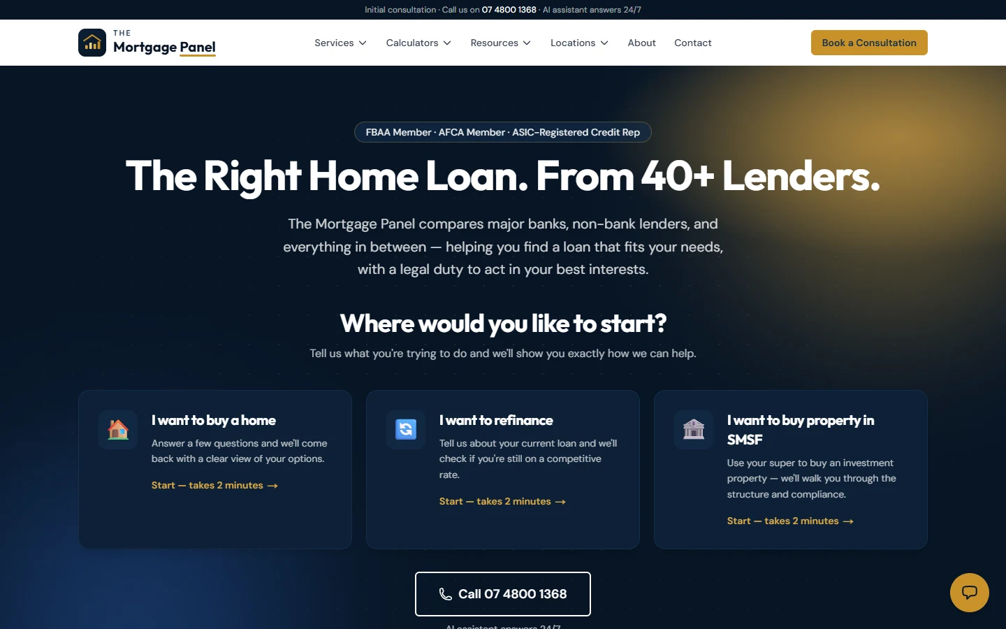 Screenshot of The Mortgage Panel home page: header with services, calculators, resources and locations menus, a hero headline about home loans from 40+ lenders, three intent cards for buying, refinancing and SMSF, and the AI assistant launcher