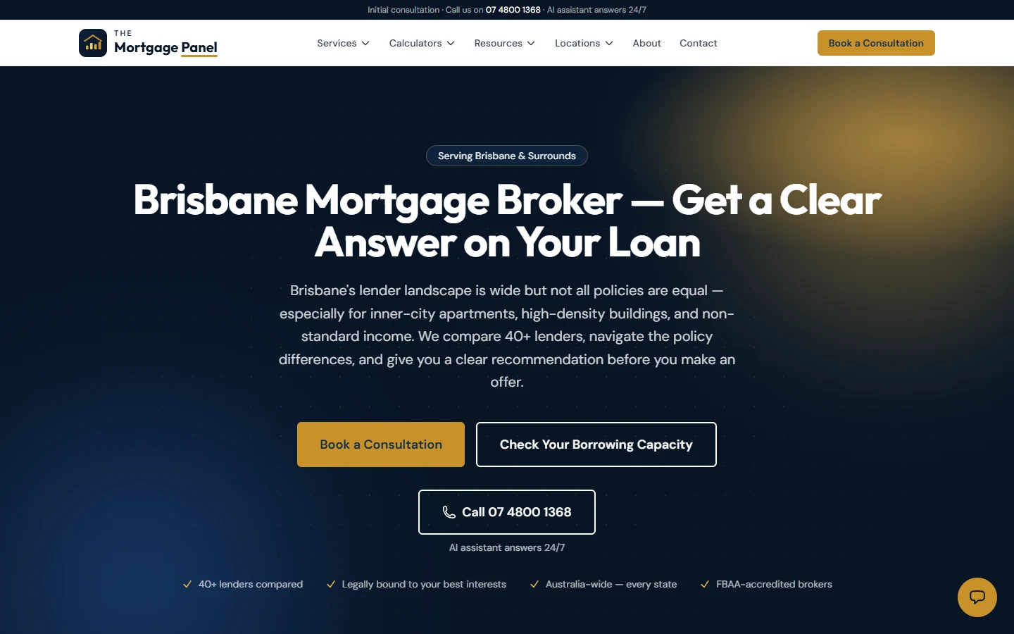 Screenshot of The Mortgage Panel Brisbane mortgage broker location page with local copy, consultation and borrowing-capacity buttons