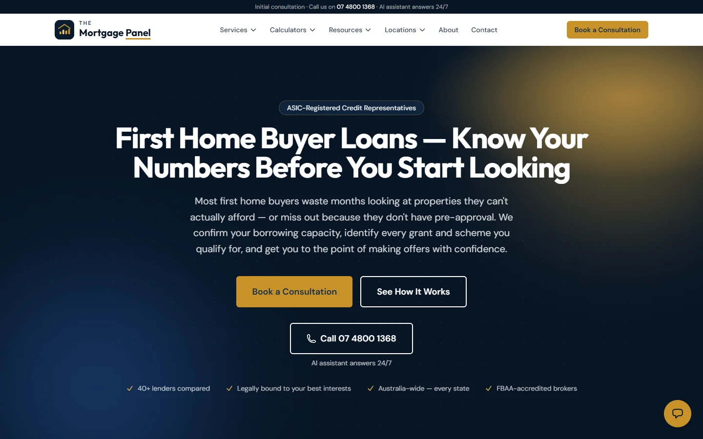 Screenshot of The Mortgage Panel first home buyer loans page with a headline, explanatory copy, consultation and how-it-works buttons and trust badges