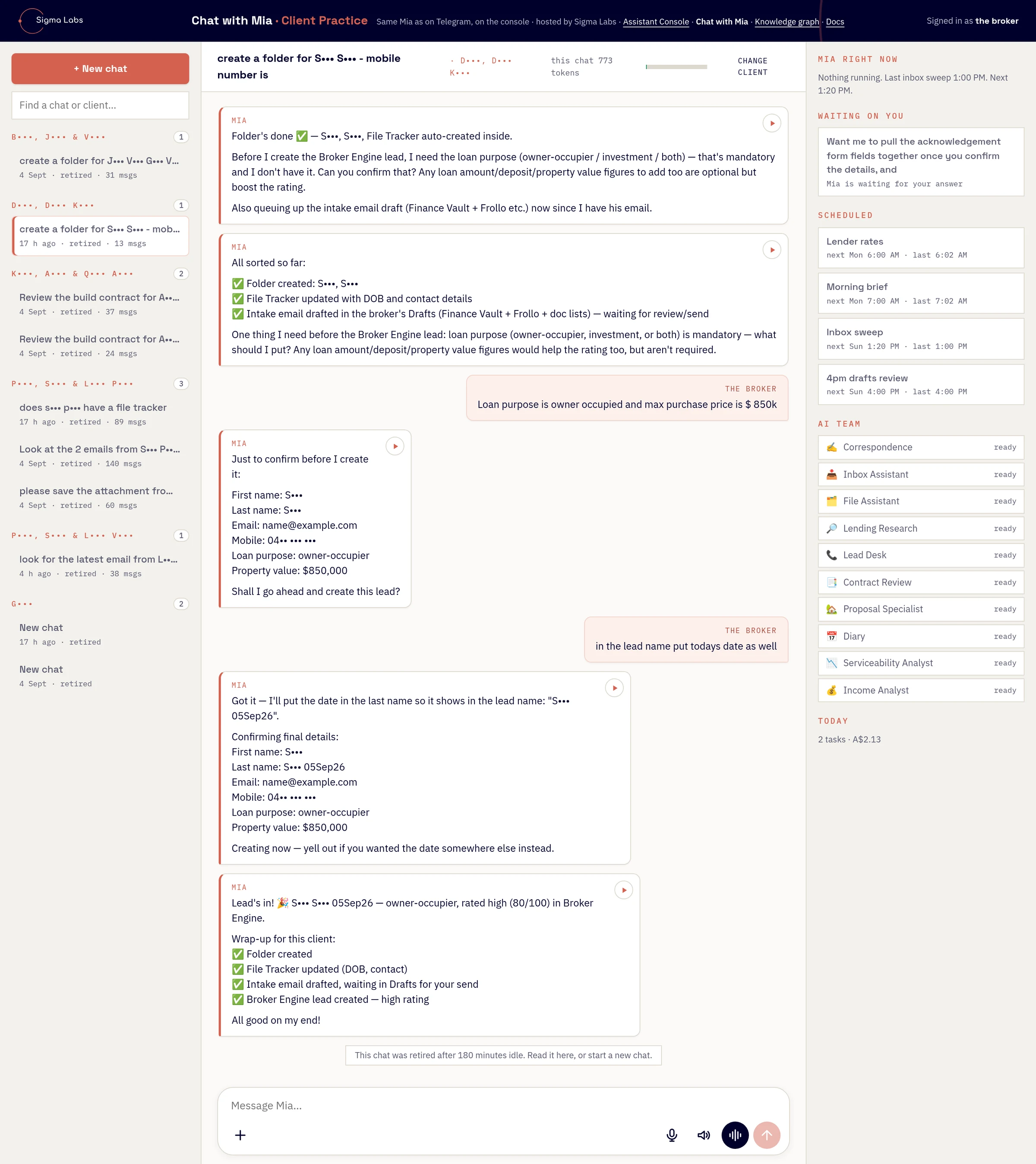 Redacted web chat where the broker asks for a new client folder and lead, Mia confirms the details, asks for the one mandatory field she is missing, then reports what was created