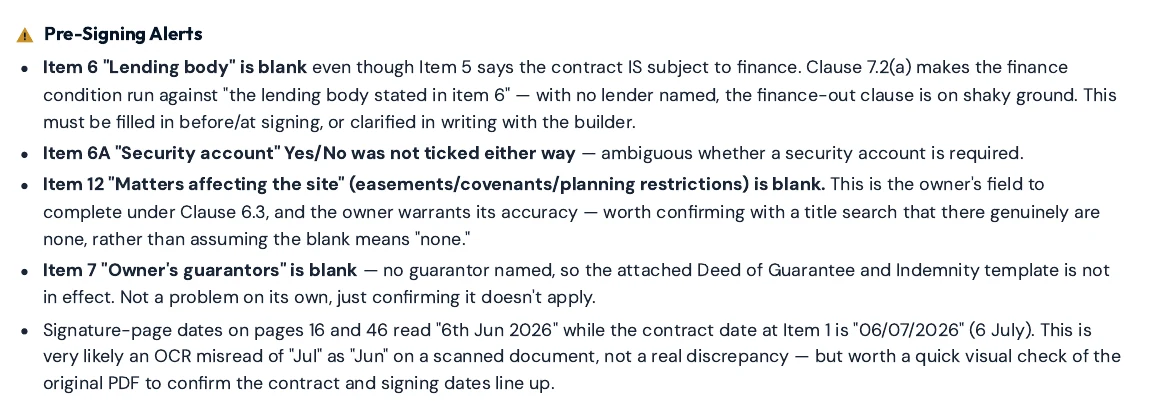 The pre-signing alerts block from a contract review, listing blank fields and a date discrepancy to confirm