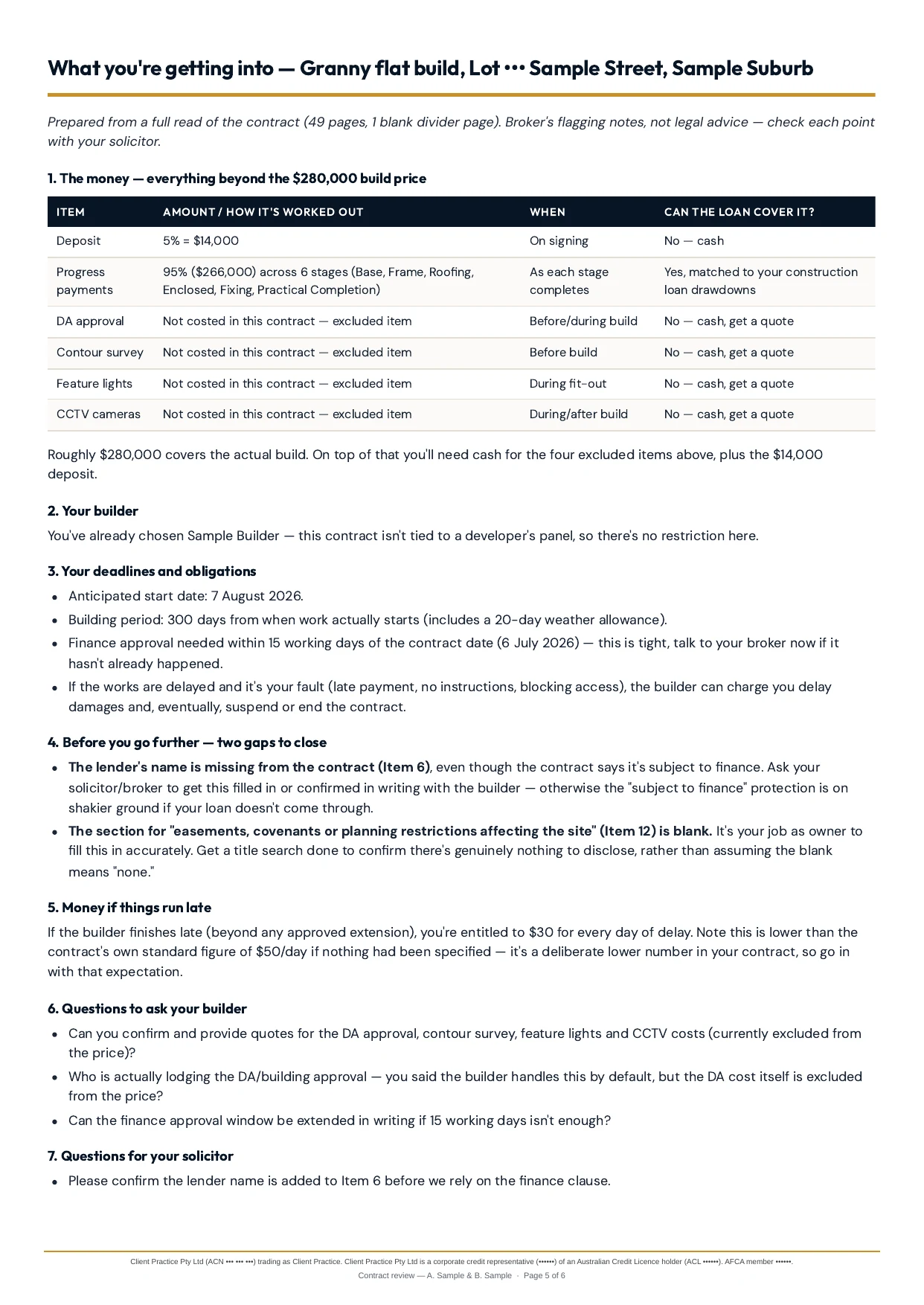 Redacted client brief page titled What you're getting into, with a funds table and numbered sections