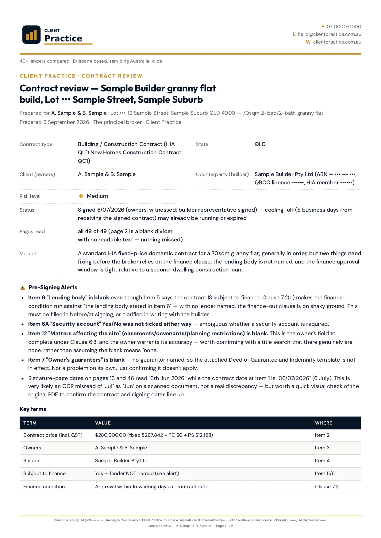 Redacted first page of a branded contract review: letterhead, key facts grid, pre-signing alerts and key terms table